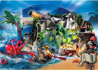 A pirate-themed playset with a treasure island, a boat, an octopus, and pirate figures.
