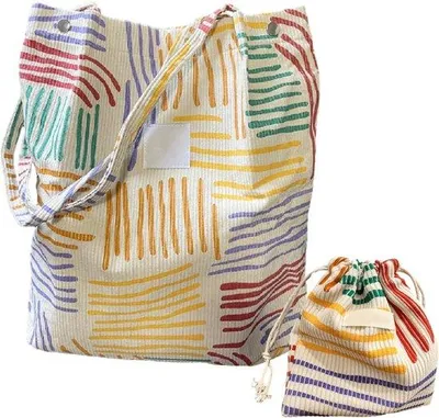 Produktbild von Famanu Canvas Tasche Set – Bunte Schultertasche und Zugtasche