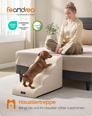 Produktbild von FEANDREA Hundetreppe für Kleine Hunde, Rutschfeste Hunderampe für Bett, Waschbar, 72 x 40 x 50 cm, Beige