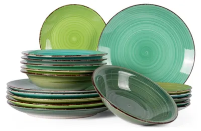 Produktbild von Cookinglife Geschirrset Delice Grün 18-teilig / 6 Personen - 6 Speiseteller, 6 Suppenteller und 6 Frühstücksteller