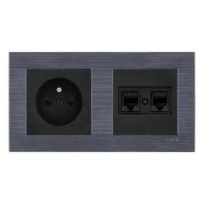 Image de Prise simple + double prise informatique 2xRJ45 cat. 6 noire + cadre COMFORT magnétique gris EXEN