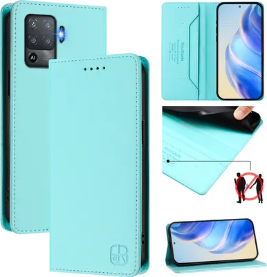 Produktbild von Lederhülle für Oppo F19 Pro/Reno5 F Hülle Flip Brieftasche Kartenfächern Ständer Schutzhülle Türkis