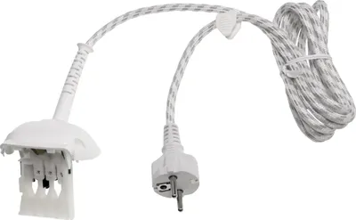A white power cord with a plug and an iron connector.