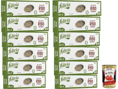 Produktbild von Felicia Spaghetti di Riso Integrale, Pasta, Vollkornnudel, Paste reich an Ballaststoffen und Proteinen, Veganer, Vegan, 12x 340g + Italian Gourmet polpa 400g