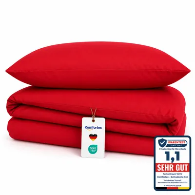 Produktbild von Komfortec Premium Bettwäsche 135x200 cm Bettbezug + 80x80 cm Kissenbezug, gebürstet 100% Polyester-Mikrofaser 120 g/m², 2teiliges Superweiches Bettwäsche-Set, Rot, KI-generiertes Bild