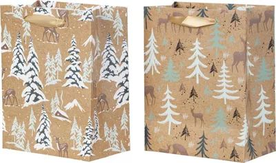 Produktbild von 12 Stück Geschenktüten 2 Motive 23x18x10cm Winterlandschaft Weihnachtstüten