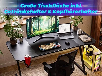 Obrázek produktu pro Herní stůl Peviasot, rozměry 120x60 cm, design ve tvaru "Z", povrch s karbonovým vzhledem, s držákem na nápoje a sluchátka