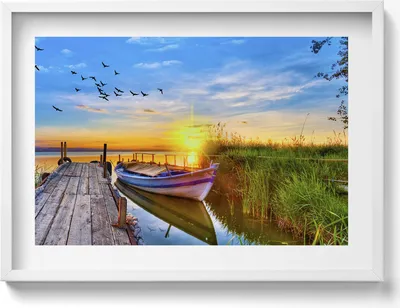 Produktbild von Blick auf den See und Sonnenuntergang– Wandbild mit Rahmen – Gerahmtes Bild  – Wanddekoration – 70x50 cm –  Schwarz Rahmen