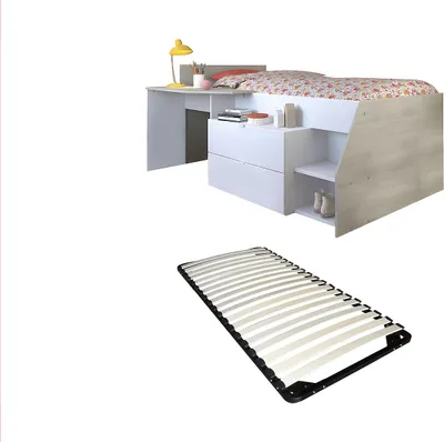 Produktbild von Bett mit eingebautem Schreibtisch und Stauraum - 90 x 190/200 cm - Weiß und Natur + Rahmen - GISELE