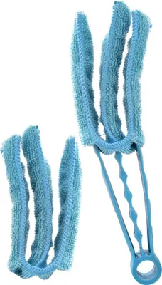 Two blue microfiber cleaning brushes for blinds or louvers against a white background.