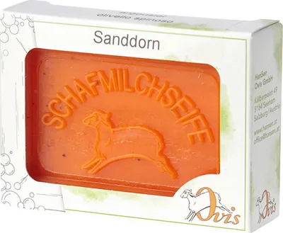 Produktbild von Ovis Schafmilchseife Sanddorn, 100% Bio, für die tägliche Dusche, eckig, 100 g, verpackt