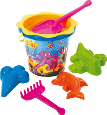 Imagen del producto de Juego de juguetes de playa: pala, rastrillo, cubo, moldes, colador. Set de cubos para niños, 7 piezas.