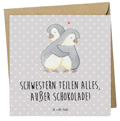 Produktbild von Mr. & Mrs. Panda Grußkarte Schwestern Liebe - Grau Pastell - Geschenk, Geschenke, doppelkarte, Klappkarte, Schwester, Teilen, Familiengeschenk, anlasskarte, Schokolade