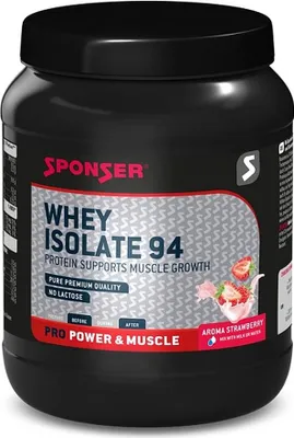 A black plastic tub of Sponser Whey Isolate 94 protein powder with strawberry flavor.
