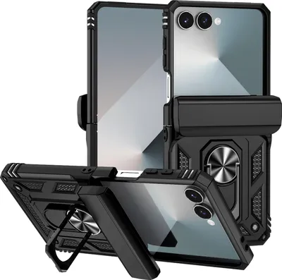 Produktbild von Hülle für Samsung Galaxy Z Flip 7 Hybrid Schutzhülle mit Ring Kickstand und Scharnierabdeckung Schwarz