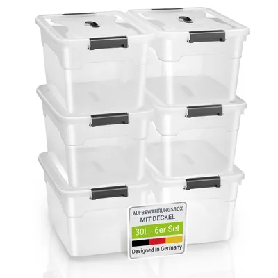 Produktbild von Juskys Aufbewahrungsbox mit Deckel - 6er Set Kunststoff Boxen 30l - Box groß, stapelbar, transparent - Aufbewahrung Ordnungssystem Aufbewahrungsboxen