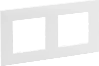 A white frame with two square openings for electrical outlets.