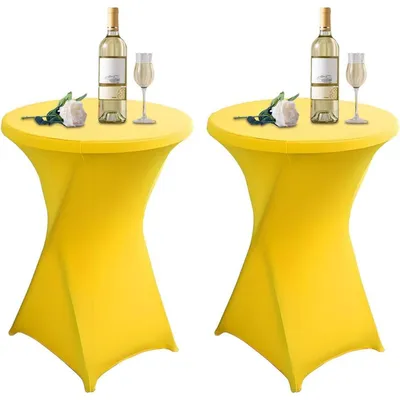 Productafbeelding van Twee tafelhoezen, geel, diameter 80-85 cm, rond, elastisch, met voetzakken, afmetingen 80 x 110 cm
