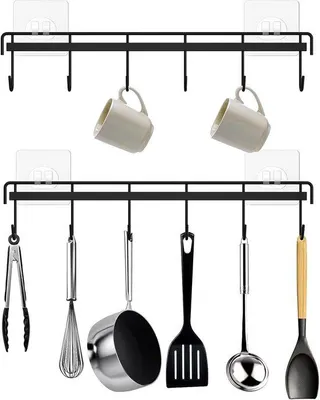 Produktbild von Küchenhaken, selbstklebender Besteckhalter, Wandmontage Küchenregal mit 12 Haken, schwarz, 2 Stück