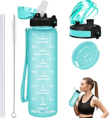 Productafbeelding van Famanu sportwaterfles 1 liter, BPA-vrij - met rietje en tijdmarkeringen