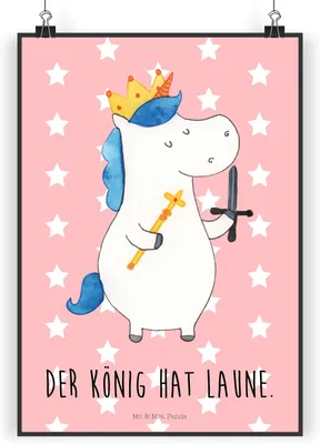 Produktbild von Mr. & Mrs. Panda Bild Einhorn König mit Schwert DIN A3 - Rot Pastell - Geschenk, Ritter, Einhörner, Mittelalter, Kunstdruck, drucke, Unicorn, wanddeko, Wandbild, Plakat