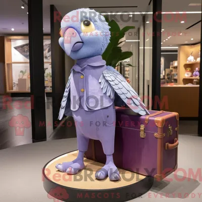 Produktbild von Lavendel-Papagei-Maskottchen-Kostümfigur REDBROKOLY mit Bootcut-Jeans und Aktentasche