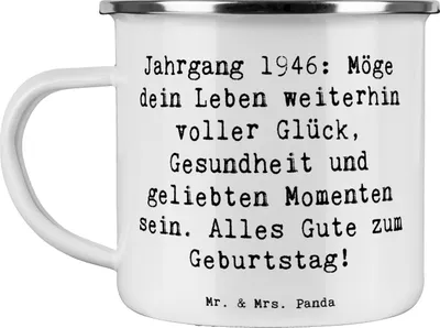 Produktbild von Mr. & Mrs. Panda Teetasse Spruch 1946 Geburtstag - Weiß - Geschenk, Happy Birthday, Teebecher, Haferl, Pott, becher emaille, Tasse, Geburtsjahr, Alter, Geburtstagsgruß