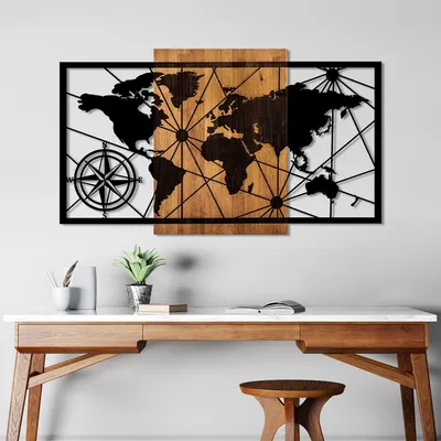 Image de Wallity, World Map 3-L, Accessoire mural décoratif en bois, 100 % BOIS / MÉTAL, noyer, 70 x 120 cm
