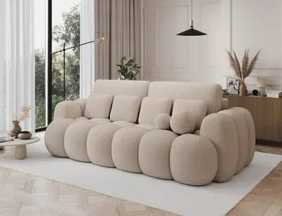 Produktbild von Schlafsofa, Sofa mit Schlaffunktion und Bettkasten, Polstersofa  aus Bouclé, Couch für Wohnzimmer, Sofagarnitur Wohnlandschaft mit Bettfunktion - Sofa Elvento - Warmes beige (Calmora 18)