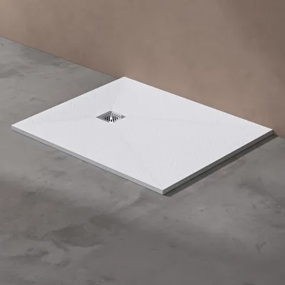 Produktbild von doporro Duschtasse 100x120x3cm aus Mineralguss in Weiß Rechteckig DIN-Anschlüsse für bodenebene Montage geeignet inkl. Ablaufgarnitur06 Geoma09