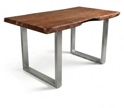 Produktbild von Baumkantentisch Cali 160 x 85 cm, Akazienholz massiv nussbaumfarben, 50 mm Tischplatte, Esstisch mit U-Metallgestell Silber, Industrial-Design