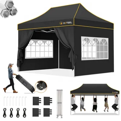 Image de Pavillon de jardin 3x4,5 mètres, imperméable, stable, structure hexagonale, anti-UV, tente de fête noire avec 4 panneaux latéraux