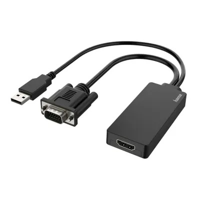 A black video adapter with a USB connector, a VGA connector, and an HDMI port, shown against a white background.