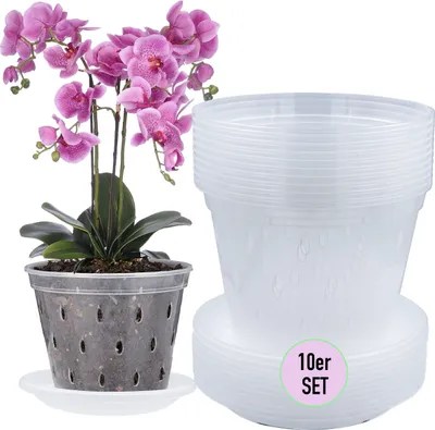 Produktbild von Garten Lux 10er Set Orchideentöpfe Transparente Ø17cm 1.5L mit Drainageloche und 10 Stücke Untertassen Kunststoff