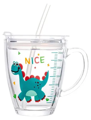 Image de Gobelet en verre de 350 ml avec couvercle et paille (motif dinosaure)