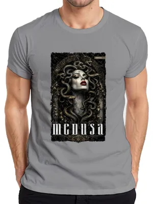 Immagine prodotto di Maglietta da uomo, colore grigio, taglia M, con immagine di Medusa, figura della mitologia greca, raffigurante una gorgone con serpenti