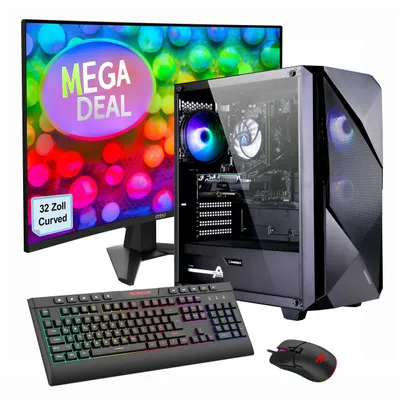Produktbild von GAMEMAX Gaming PC Striker Komplett SET Ryzen 7 5700X 32GB RAM 1TB SSD RTX 5060 Windows 11 + MSI MAG 32C6 Monitor Curved 80cm (32") + Zubehör