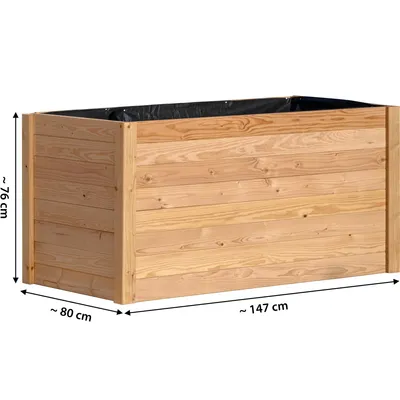 A wooden raised garden bed with dimensions indicated by text overlays.