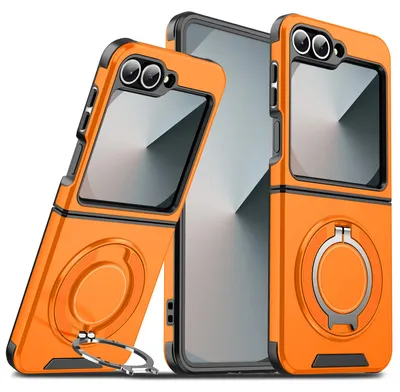 Produktbild von Handyhülle für Samsung Galaxy Z Flip6 / Z Flip7 SE Dual-Layer Stoßfest Militär Hülle mit  Magnetisch Ring Ständer Orange