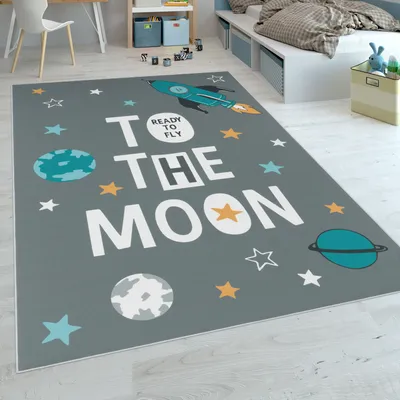 Produktbild von Kinderteppich, Spielteppich Für Kinderzimmer, Mit Raketen-Motiv Und Spruch, Grau Grösse 140x200 cm