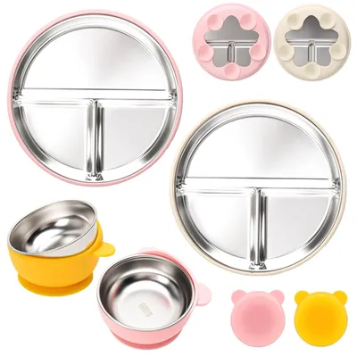 Image de Ensemble de vaisselle pour enfants en acier inoxydable, comprenant 4 pièces, avec ventouse en silicone - sans BPA