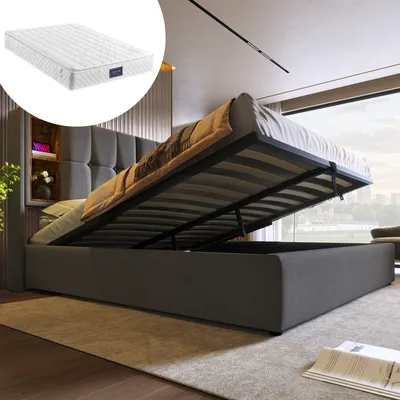 Produktbild von okwish Polsterbett Boxspringbett 140 x 200 cm mit Kopfteil mit Stauraum und USB-Ladeanschluss, Hydraulisches Stauraumbett mit Bettkasten Stauraum und LED-Beleuchtung(mit Matratze)- Grau