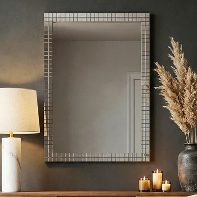Image de WOHNLING Miroir mural 60 x 90 cm avec cadre en mosaïque Miroir rectangulaire Miroir d'intérieur en verre Miroir suspendu Miroir d'entrée moderne vertical et horizontal Fait main