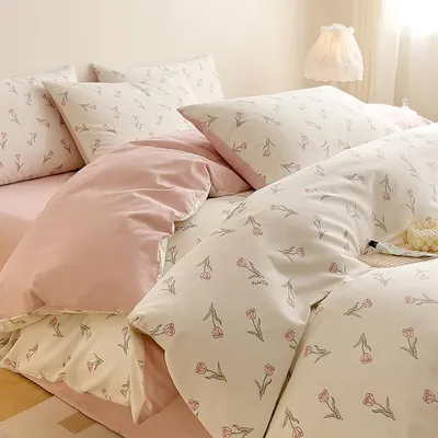 Productafbeelding van Katoenen beddengoed, 155x220 cm, roze en wit, bloemenprint