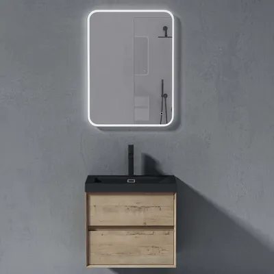 Produktbild von doporro Badmöbelset Waschbecken-Unterschrank mit Soft-close in Eiche Greige Wandhängender Badezimmerunterschrank 60cm inkl. matt Anthrazit Mineralguss-Waschbecken und LED-Spiegel Rimo