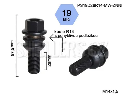 Obrázok produktu pre Skrutka kolesa M14x1,5x28 guľová skrutka R14 pohyblivá, kľúč 19, PS19D28R14-MW-BLACK výška 57,5 mm