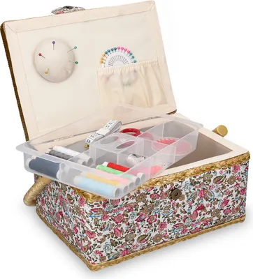Produktbild von Navaris Nähkasten Nähkästchen Nähkoffer für Handarbeit - Korb mit praktischem Tragegriff - Handarbeitskorb inkl. Nähzubehör - florales Design