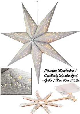 A 3D paper star lantern with LED lights, shown hanging and with its components laid out.