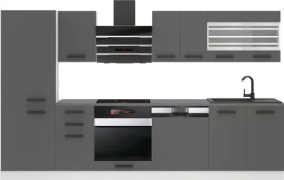 Produktbild von Belini Küchenzeile Küchenblock Cindy - Küchenmöbel 300 cm Einbauküche Vollausstattung ohne Elektrogeräten mit Hängeschränke und Unterschränke, ohne Arbeitsplatten, Silber matt