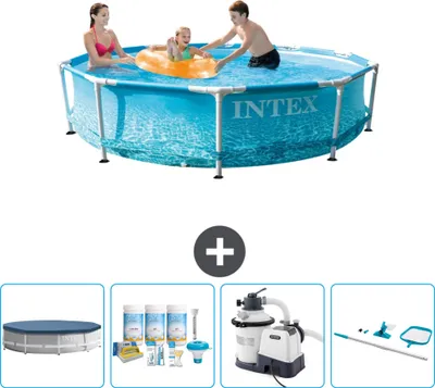 Produktbild von Intex-Schwimmbecken mit rundem Rahmen – 305 x 76 cm – Wasserdruck – im Lieferumfang enthalten Abdeckung - Wartungspaket - Filterpumpe für Schwimmbad - Reinigungskit